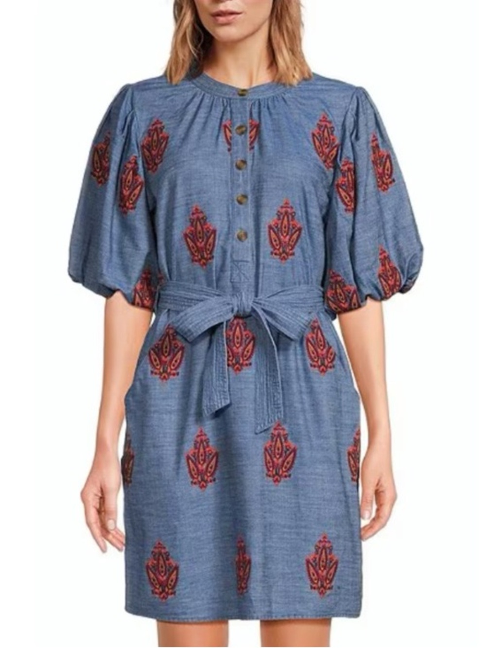 {A Loves A} Embroidered Chambray Belted Dress XS